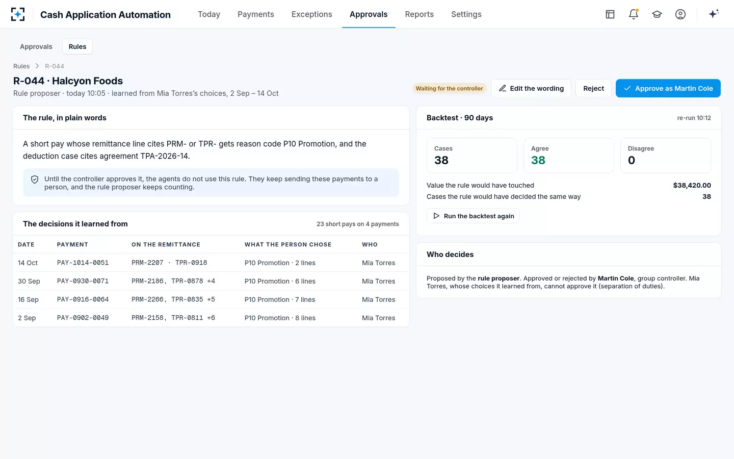Cash Application Automation — A learned rule, waiting for approval