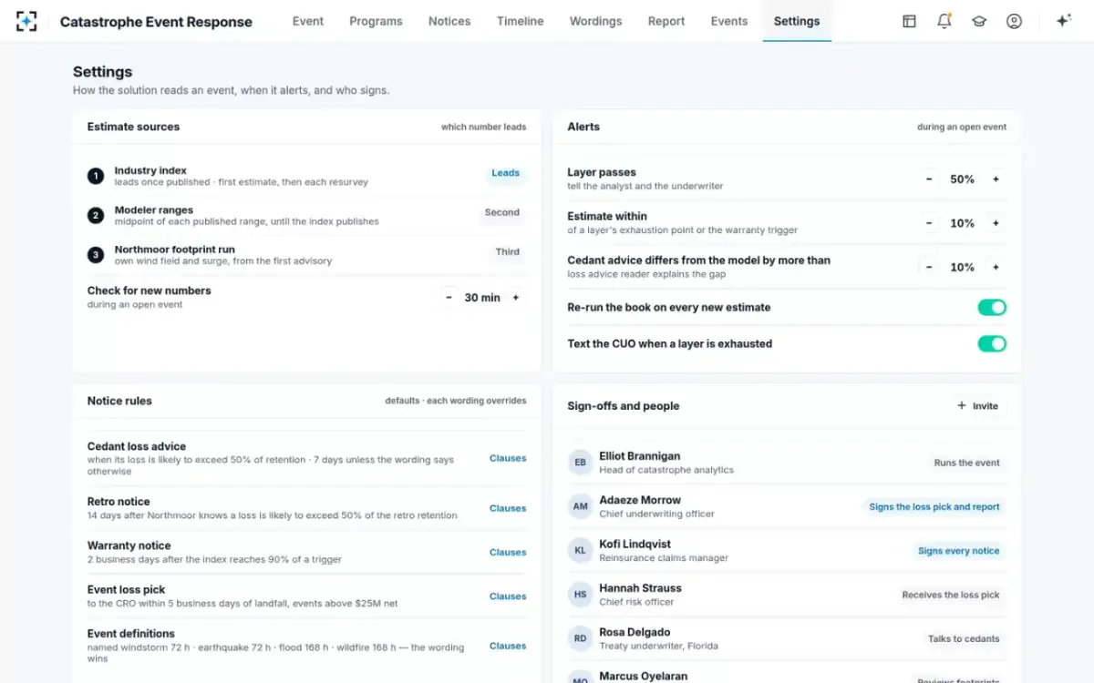 Catastrophe Event Response — Settings