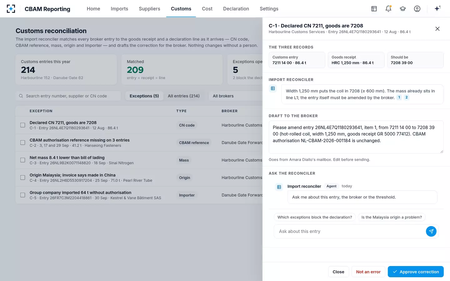 CBAM Reporting — Customs reconciliation
