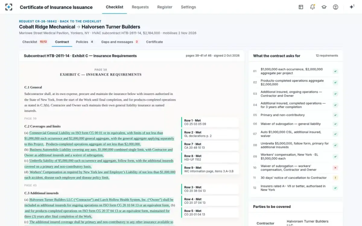 Certificate of Insurance Issuance — The contract exhibit