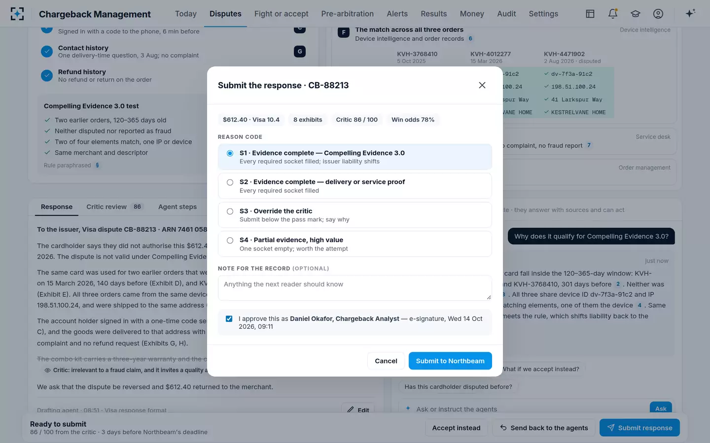 Chargeback Management — Submit with a reason code