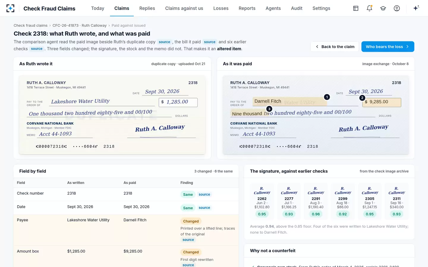 Check Fraud Claims — What the customer wrote, beside what was paid, field by field