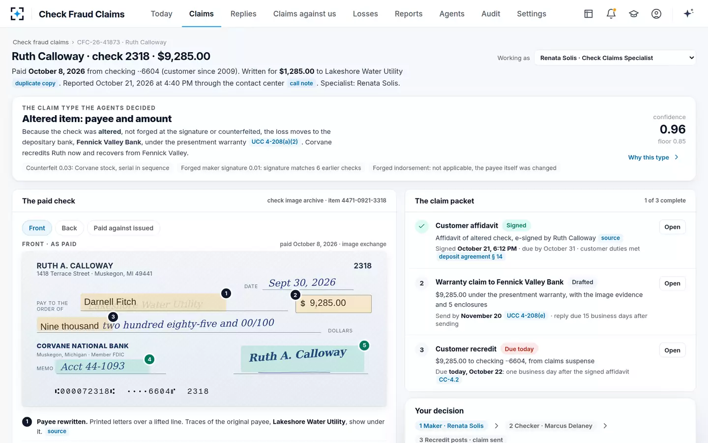 Check Fraud Claims — The paid check, the claim type and the packet assembling itself