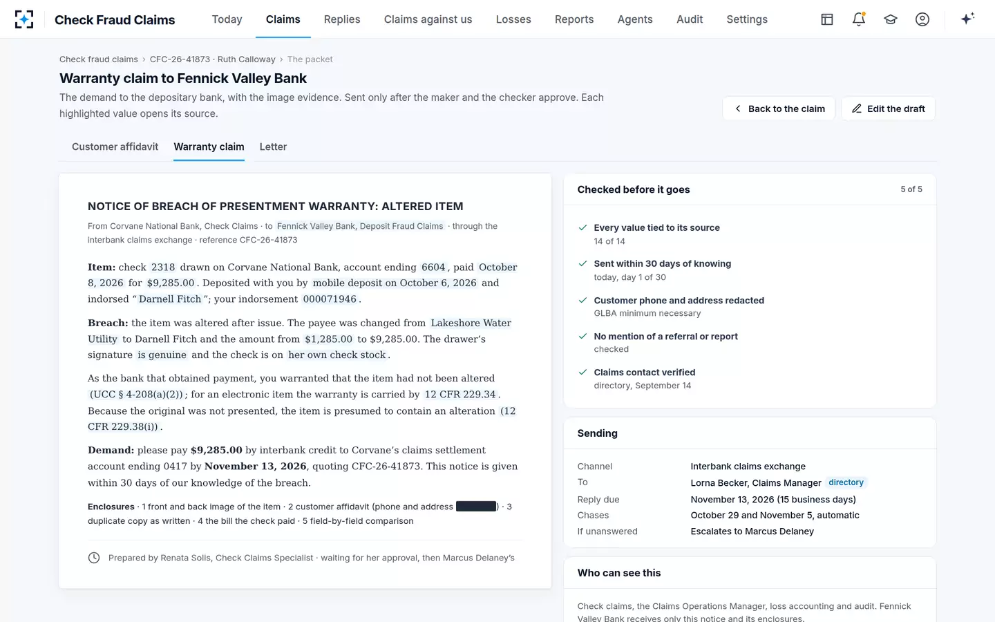 Check Fraud Claims — The breach of warranty claim, with its rules and enclosures