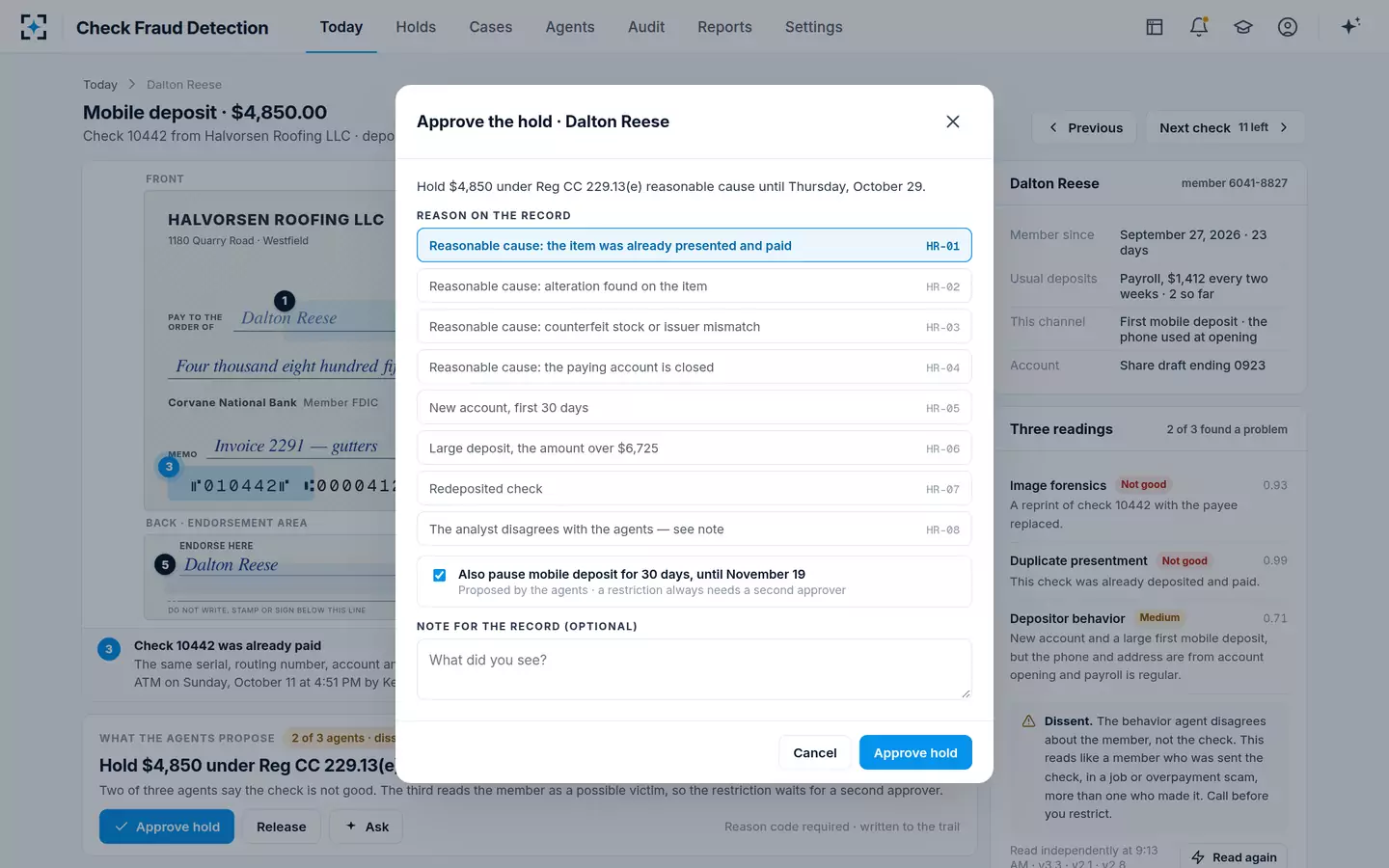 Check Fraud Detection — Approve the hold with a reason code