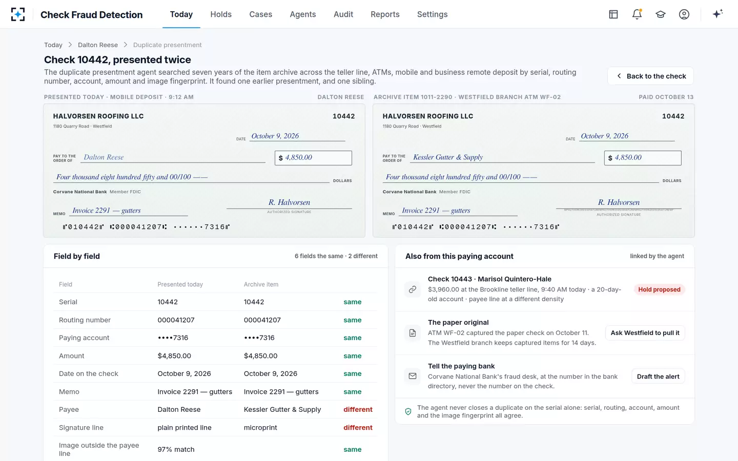 Check Fraud Detection — The presented check beside the archive original