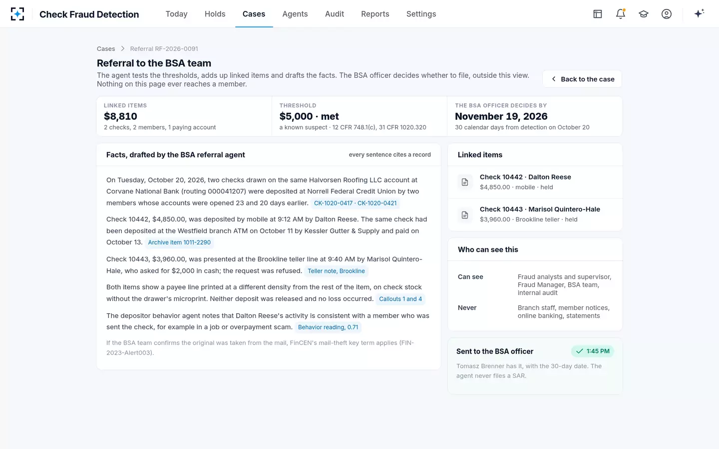 Check Fraud Detection — A referral to the BSA team, with the thresholds and the clock