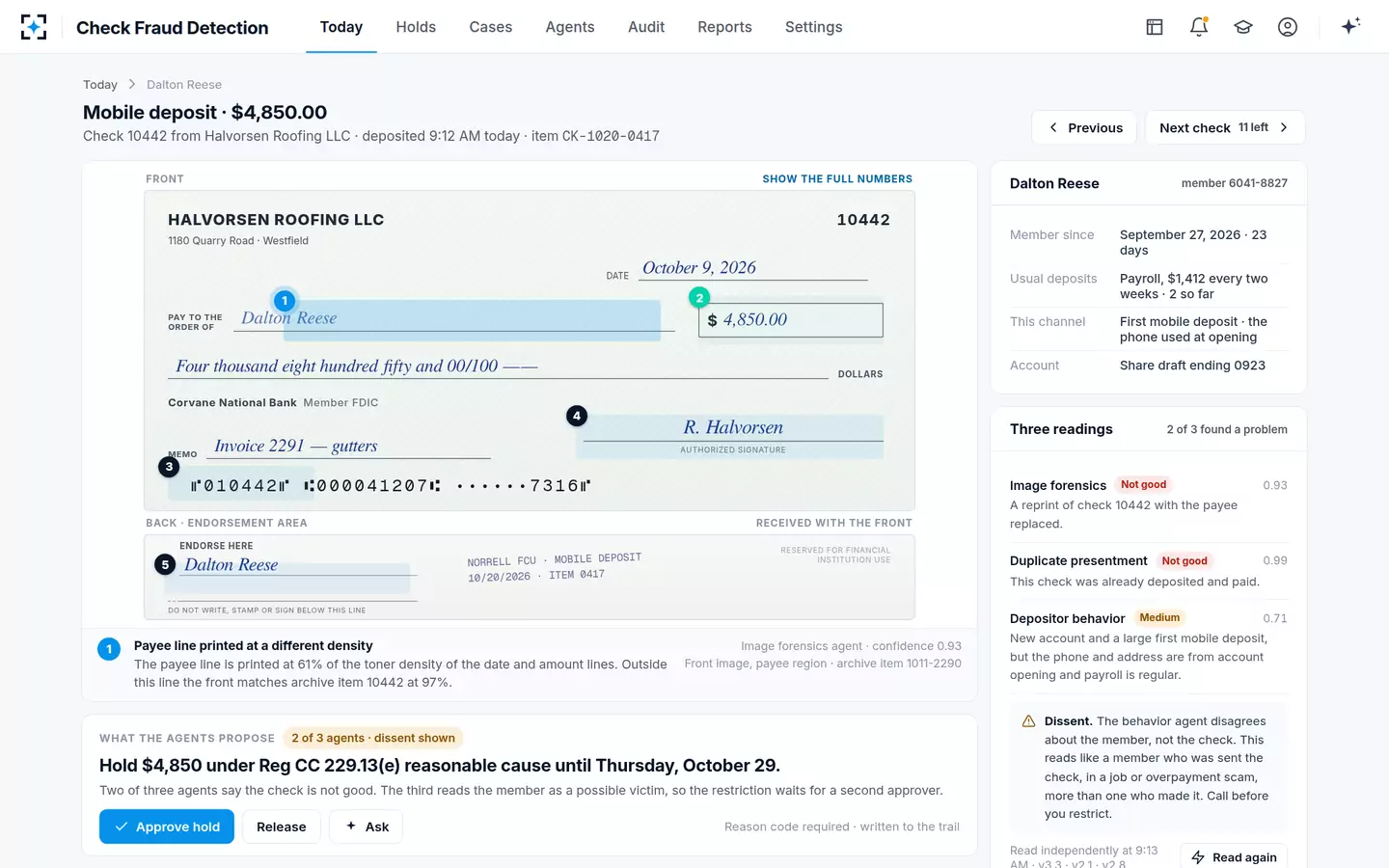 Check Fraud Detection — The check itself, with every finding pinned where it was found