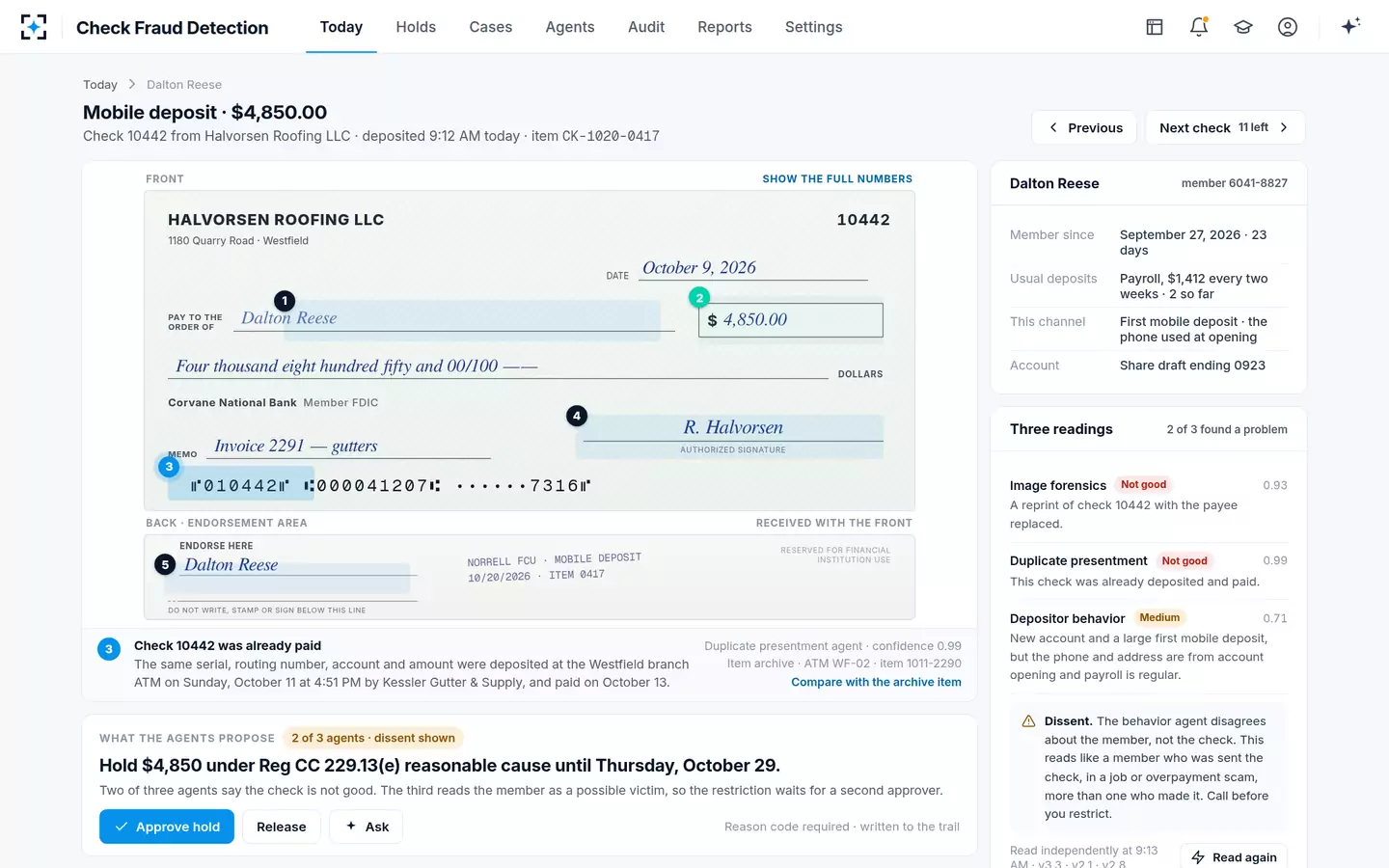 Check Fraud Detection — Duplicate presentment: this check was already deposited and paid
