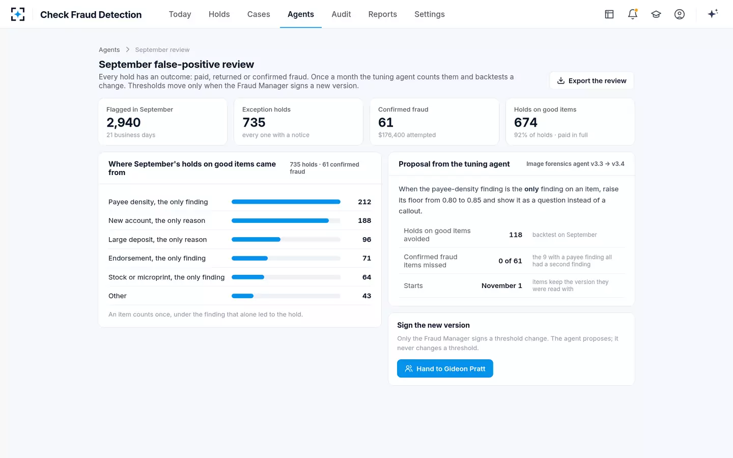 Check Fraud Detection — The monthly false-positive review, with a backtest