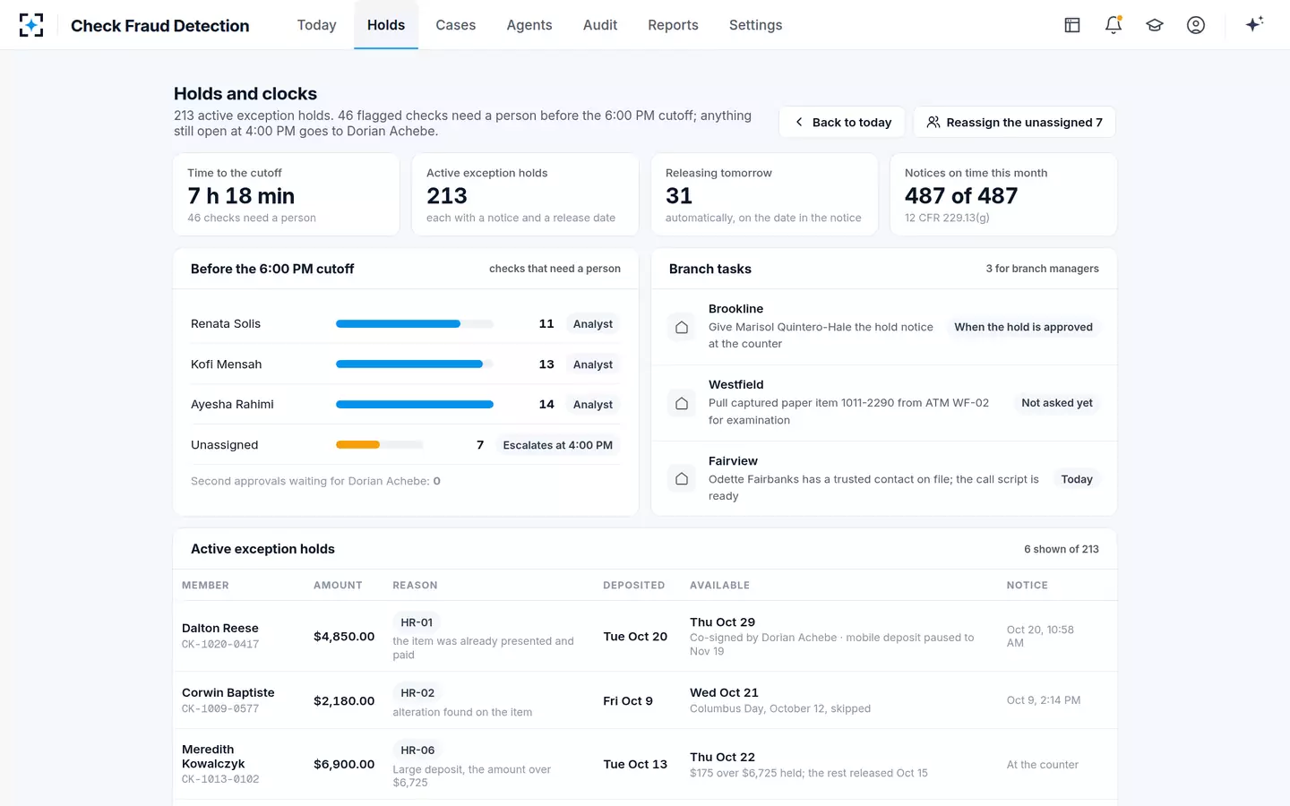 Check Fraud Detection — Every exception hold, its release date and the cutoff clock