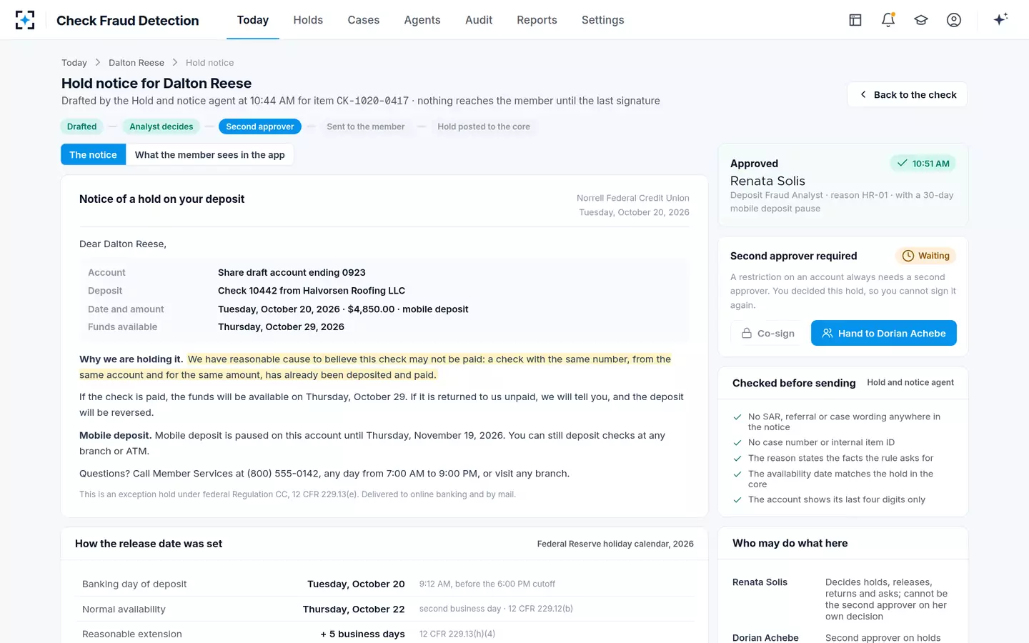 Check Fraud Detection — A Reg CC hold notice with the reason and a computed release date