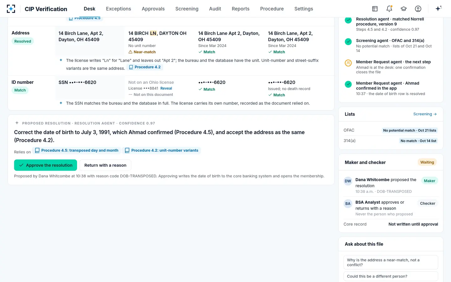 CIP Verification — Maker and checker on the record change