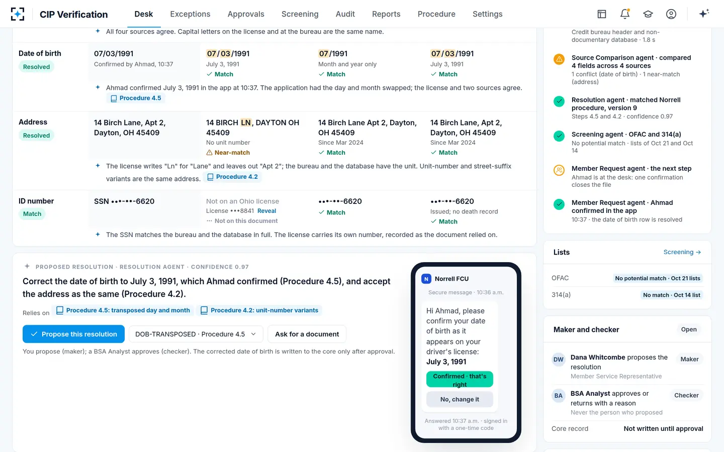 CIP Verification — A one-tap confirmation from the member's phone
