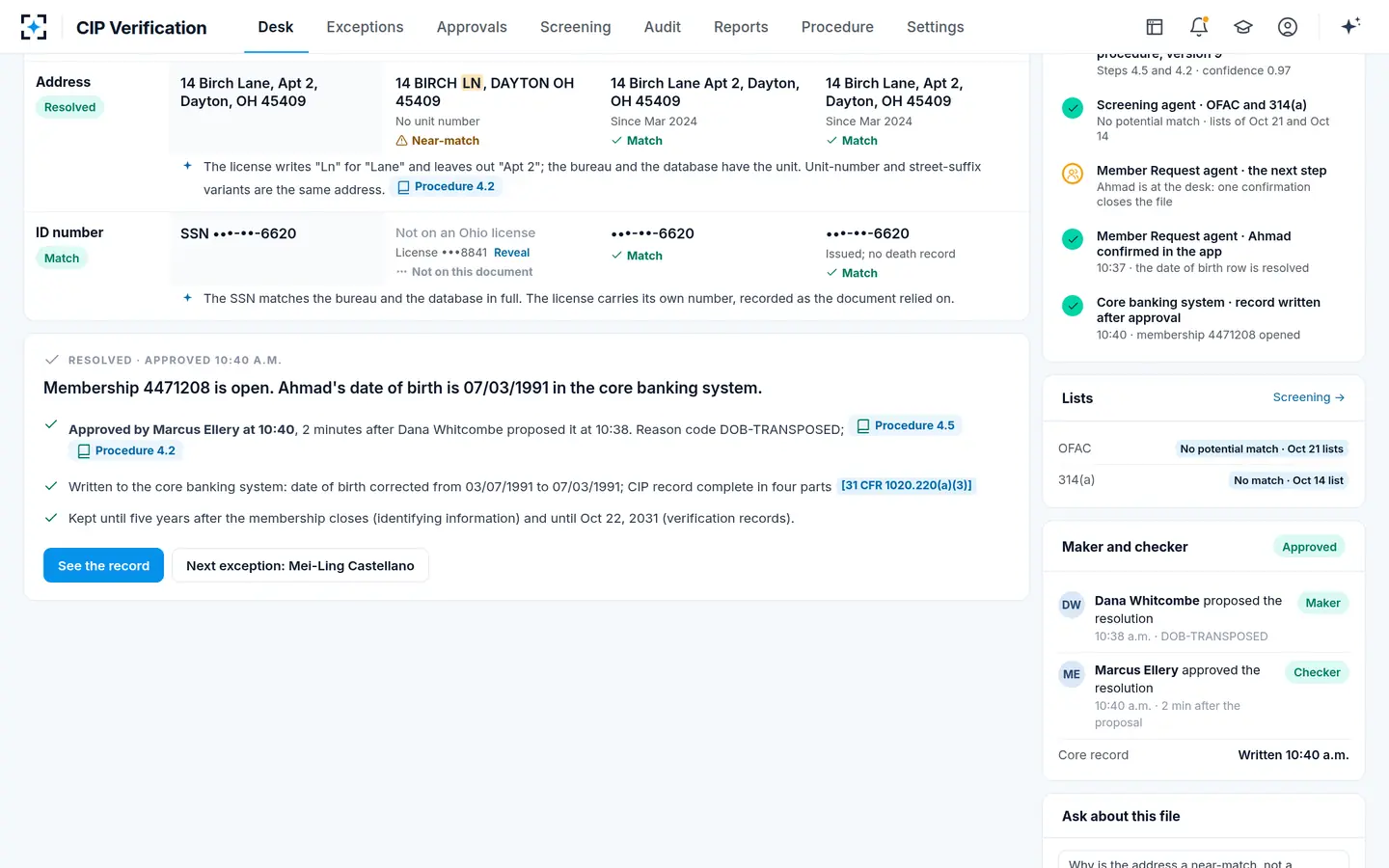 CIP Verification — Resolved: membership open, record corrected