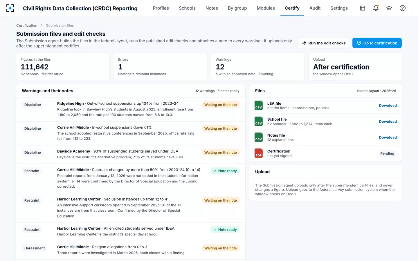 Civil Rights Data Collection (CRDC) Reporting — Every federal edit-check warning carries its note