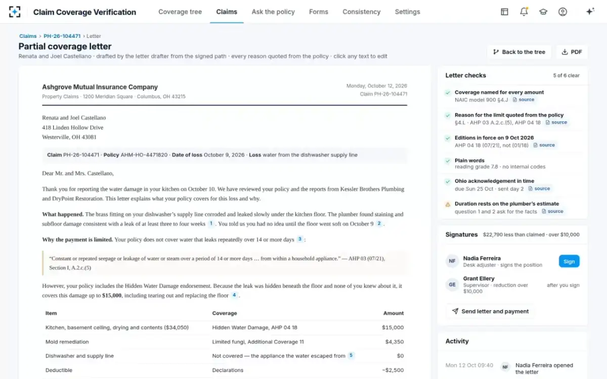 Claim Coverage Verification — The coverage letter