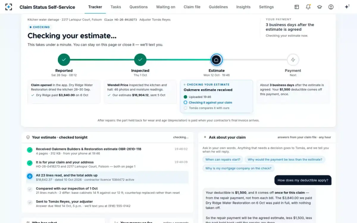 Claim Status Self-Service — The upload, checked in the stage
