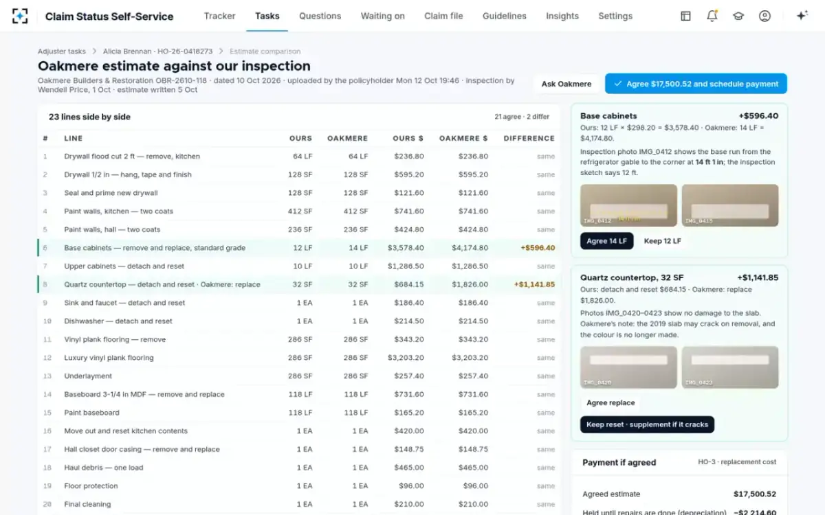 Claim Status Self-Service — Estimate comparison
