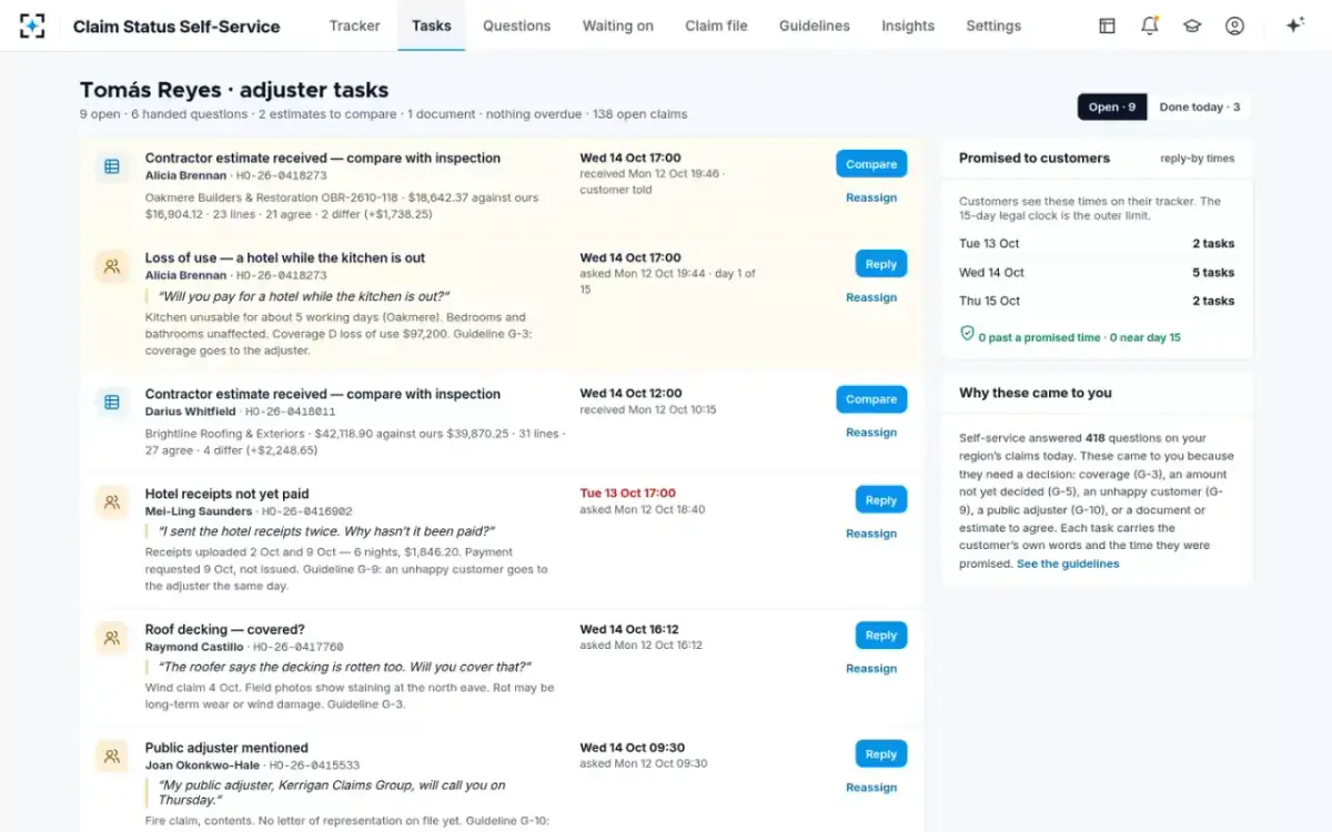 Claim Status Self-Service — Adjuster tasks