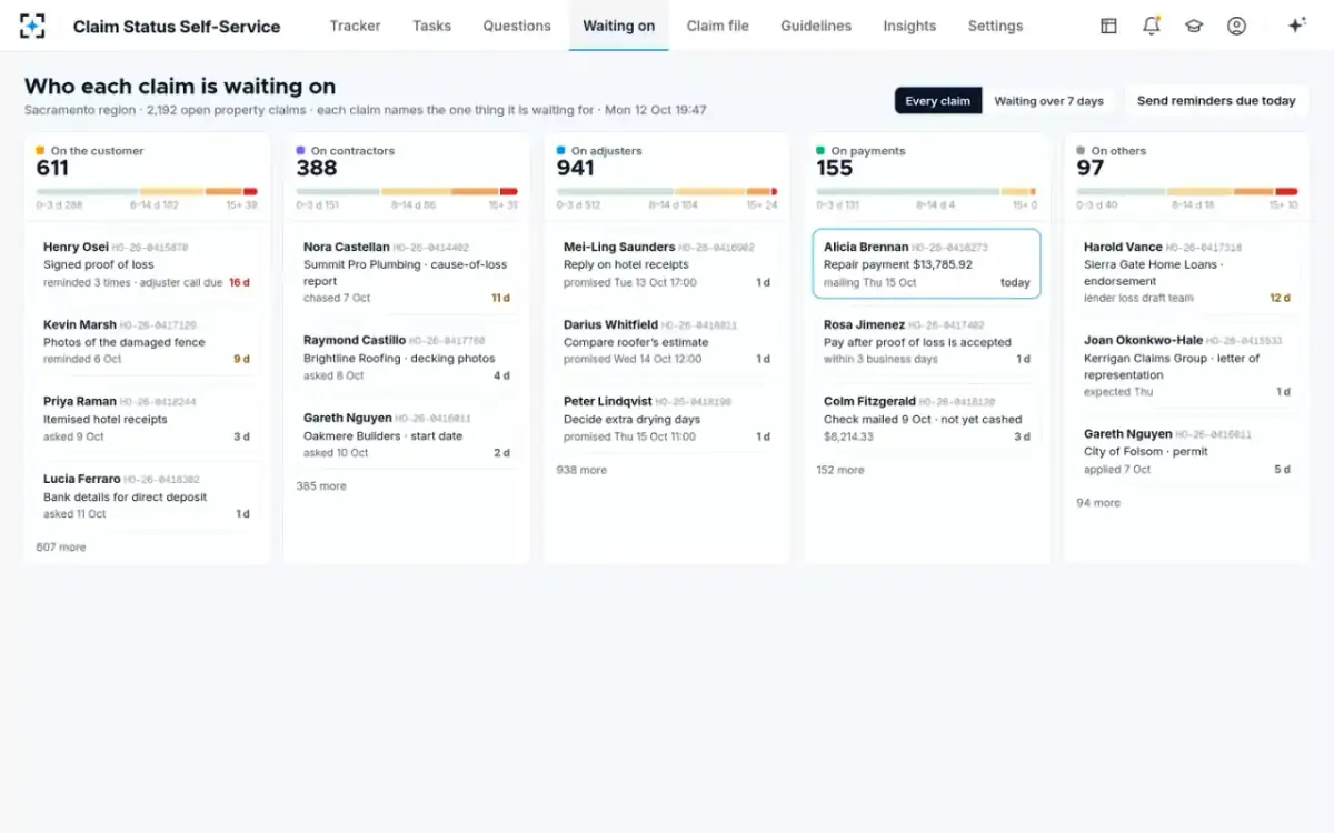 Claim Status Self-Service — Who each claim is waiting on