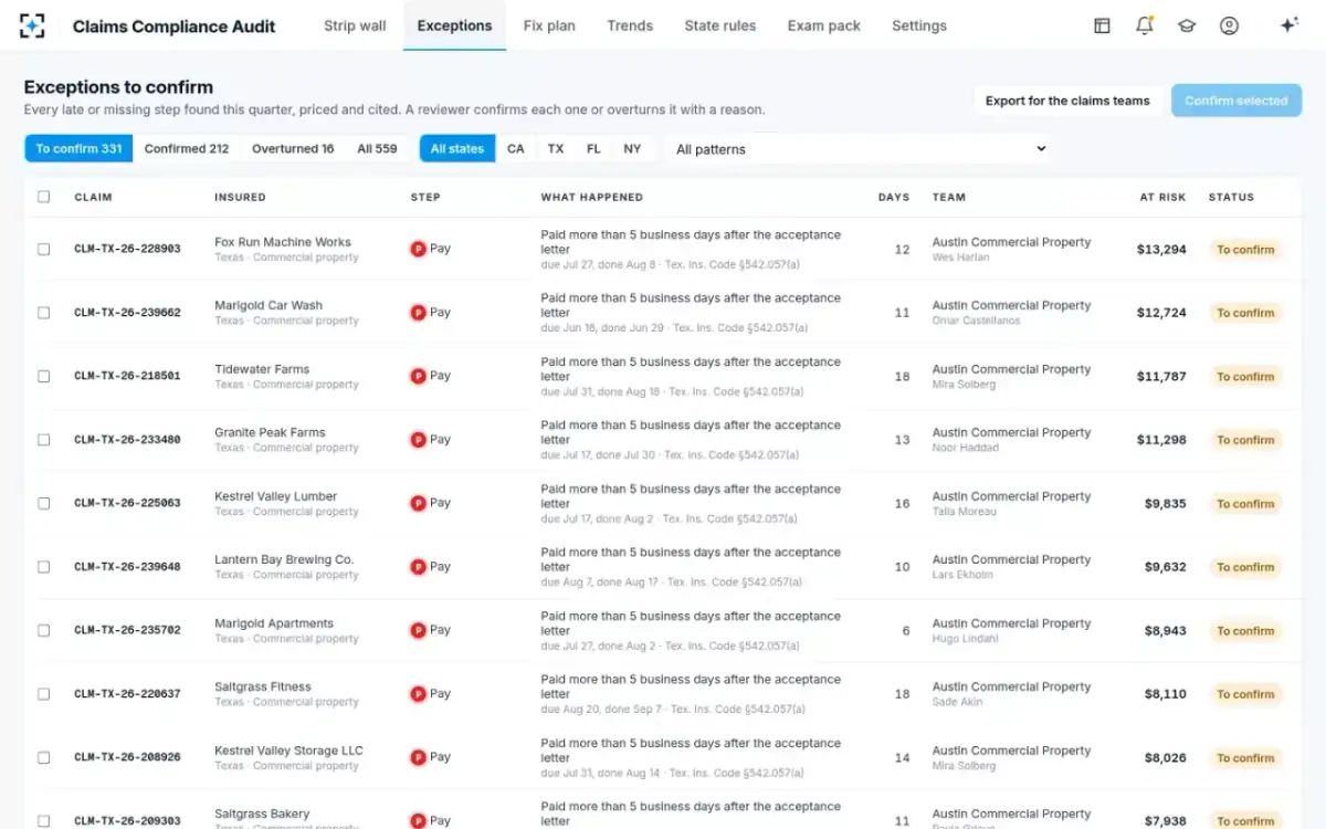Claims Compliance Audit — Exceptions to confirm