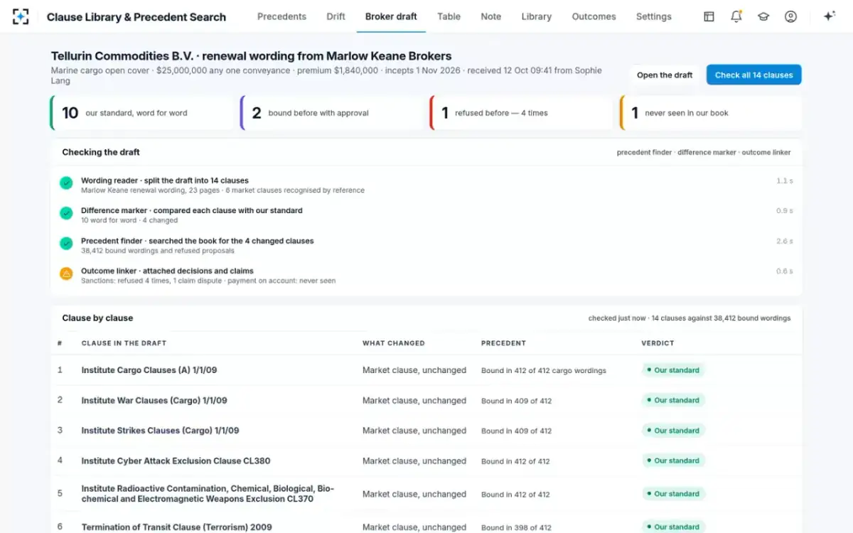 Clause Library & Precedent Search — The broker’s draft
