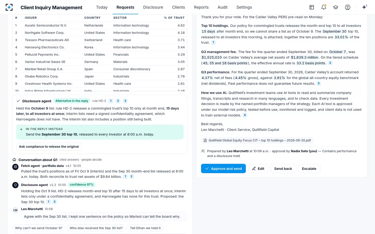 Client Inquiry Management — A held block and the reply