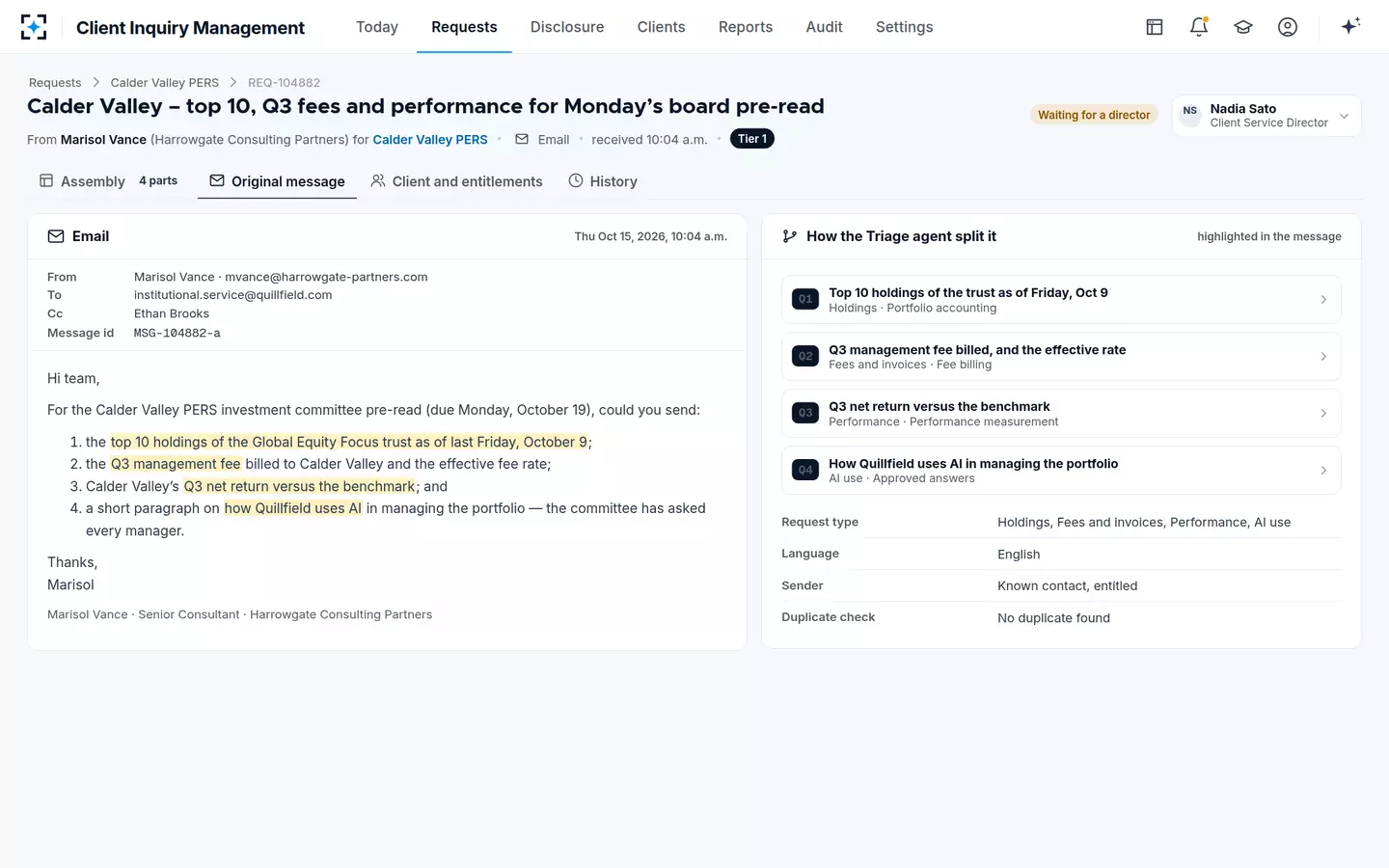 Client Inquiry Management — The original message, split