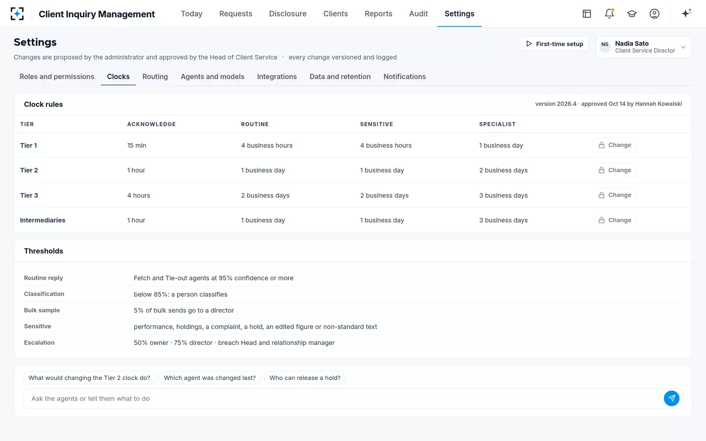 Client Inquiry Management — Clocks and thresholds