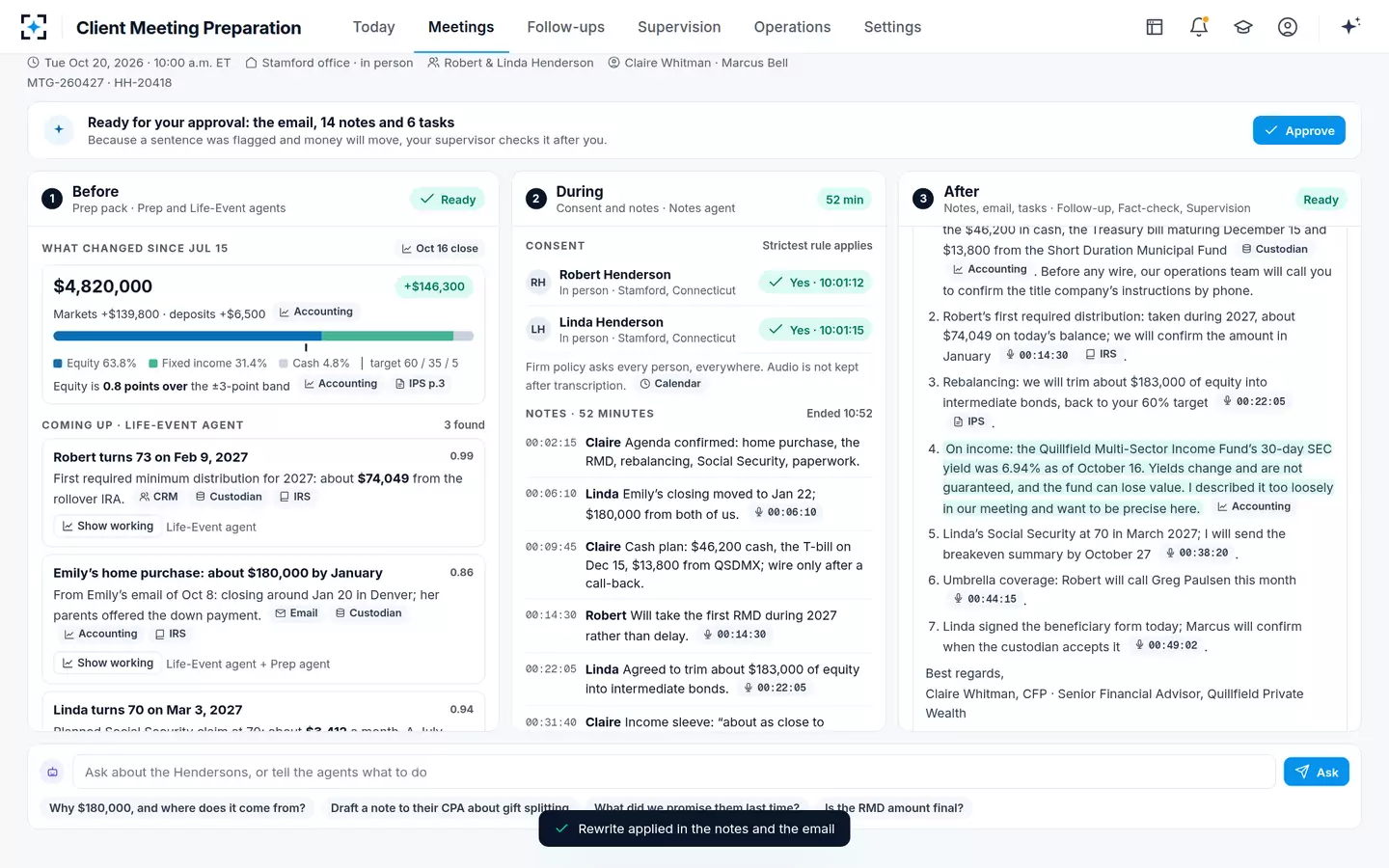 Client Meeting Preparation — Ready for the advisor's approval