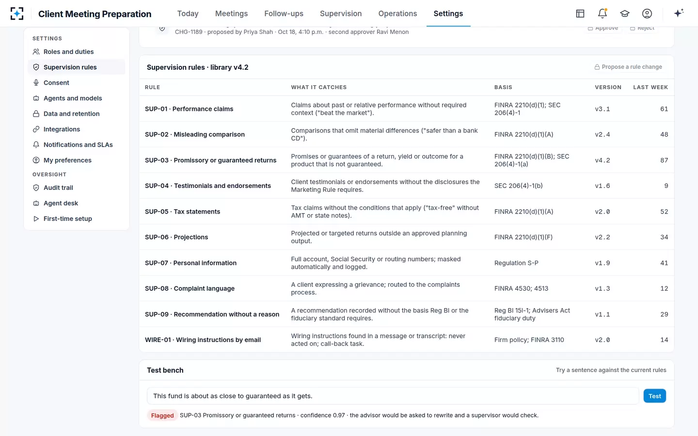Client Meeting Preparation — Supervision rules and test bench