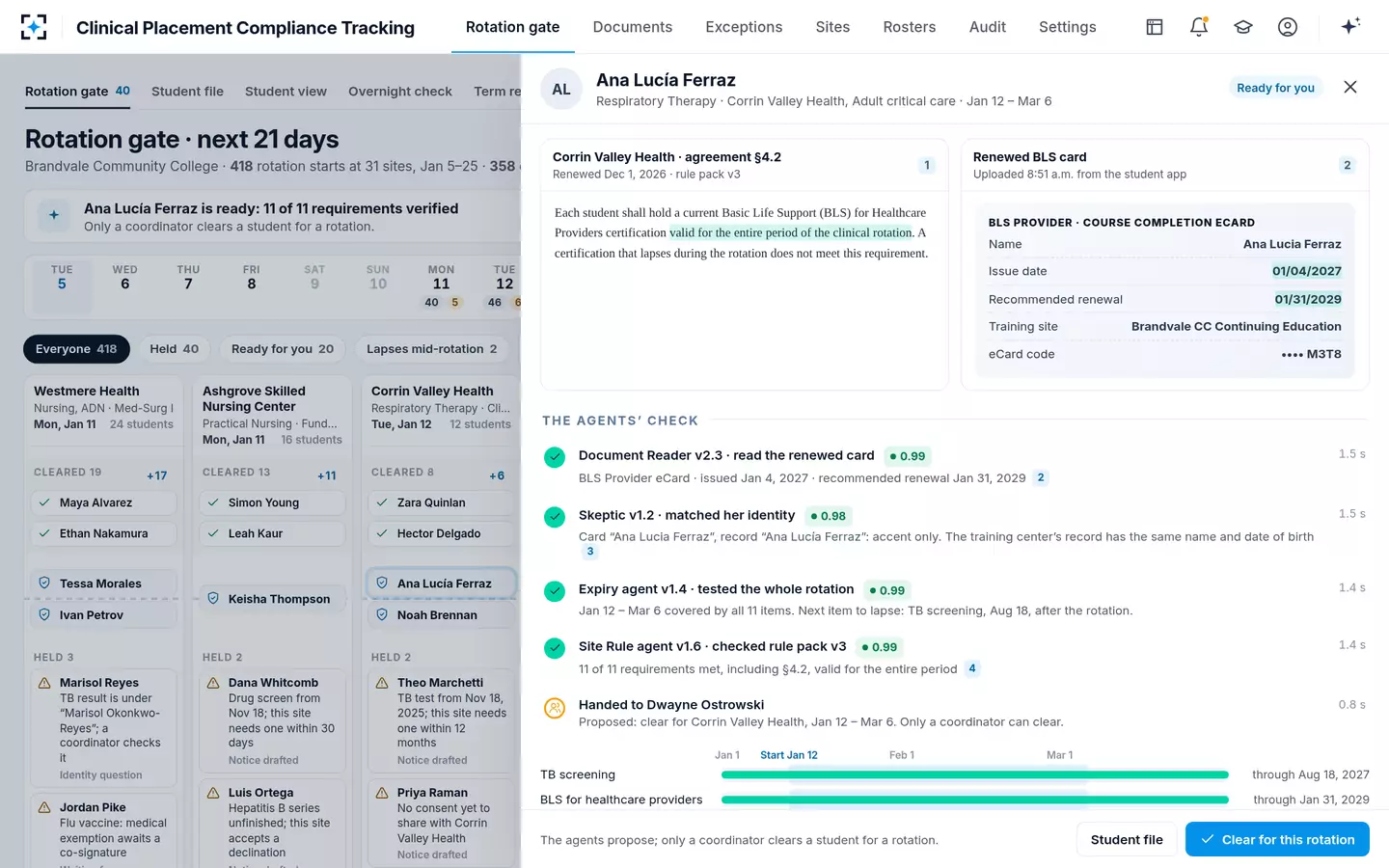 Clinical Placement Compliance Tracking — Agents check the renewed card step by step, then hand it to a person