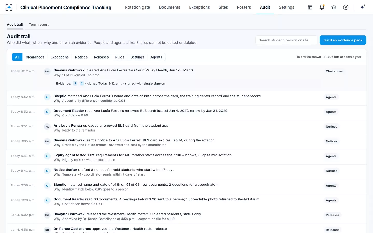 Clinical Placement Compliance Tracking — Audit trail: who, what, when, why and on which evidence