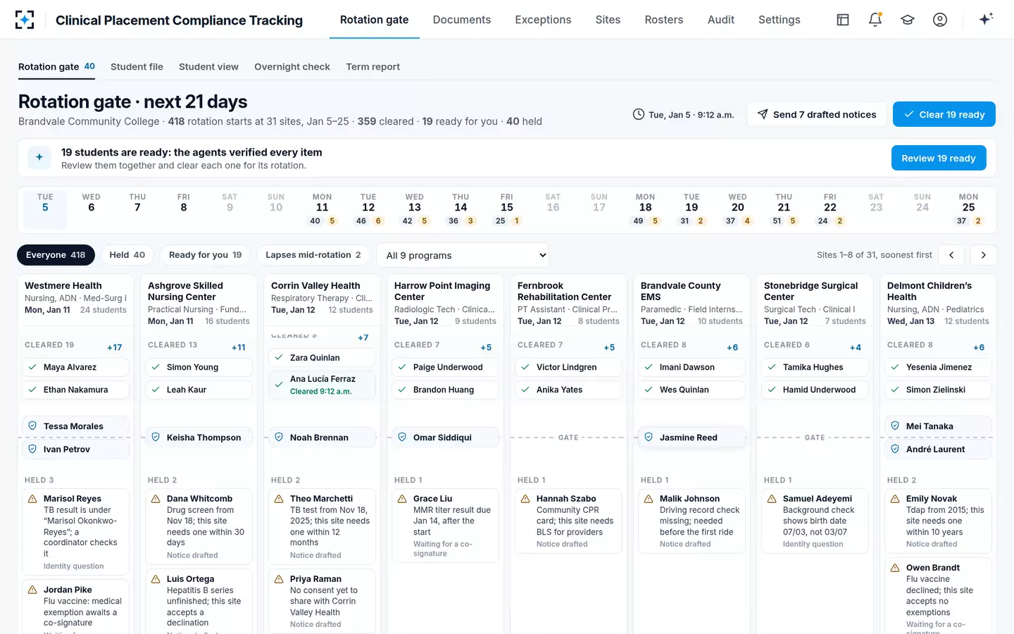 Clinical Placement Compliance Tracking — Cleared by a coordinator, and above the gate