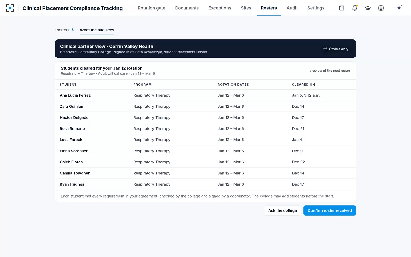 Clinical Placement Compliance Tracking — What the clinical site sees: cleared students and their dates