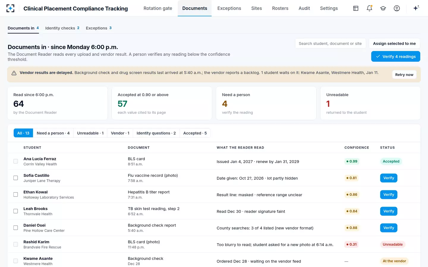 Clinical Placement Compliance Tracking — Documents in: read by agents, verified by a person below the threshold