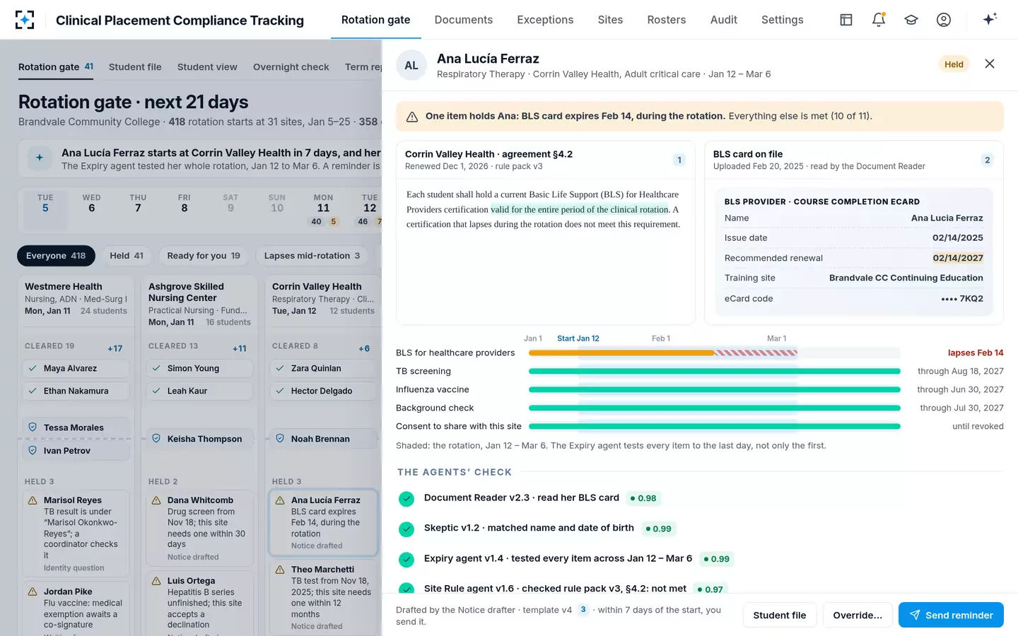 Clinical Placement Compliance Tracking — The clinical affiliation agreement clause beside the student's BLS card