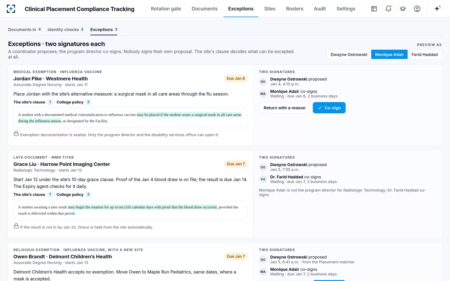 Clinical Placement Compliance Tracking — Exceptions: two signatures, and only where the site's clause allows it