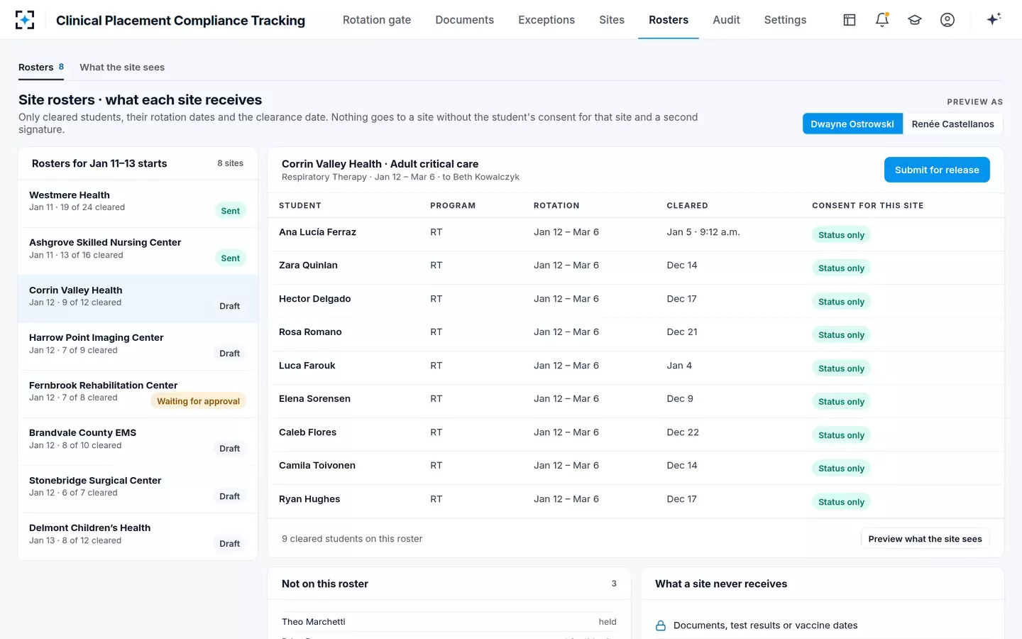 Clinical Placement Compliance Tracking — Site rosters for clinical rotation compliance: status only, consent checked