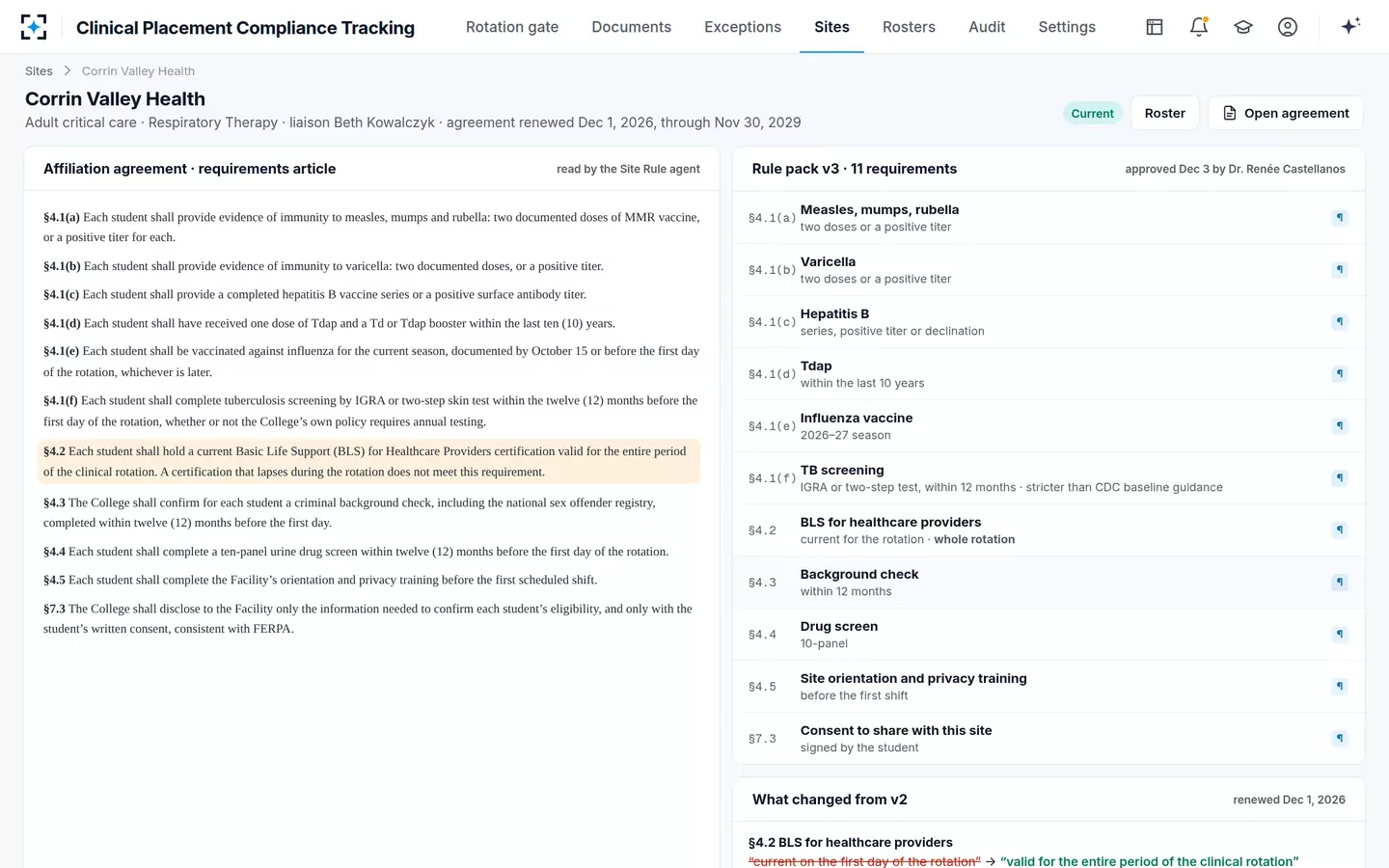 Clinical Placement Compliance Tracking — Each site's rule pack, read from its own agreement