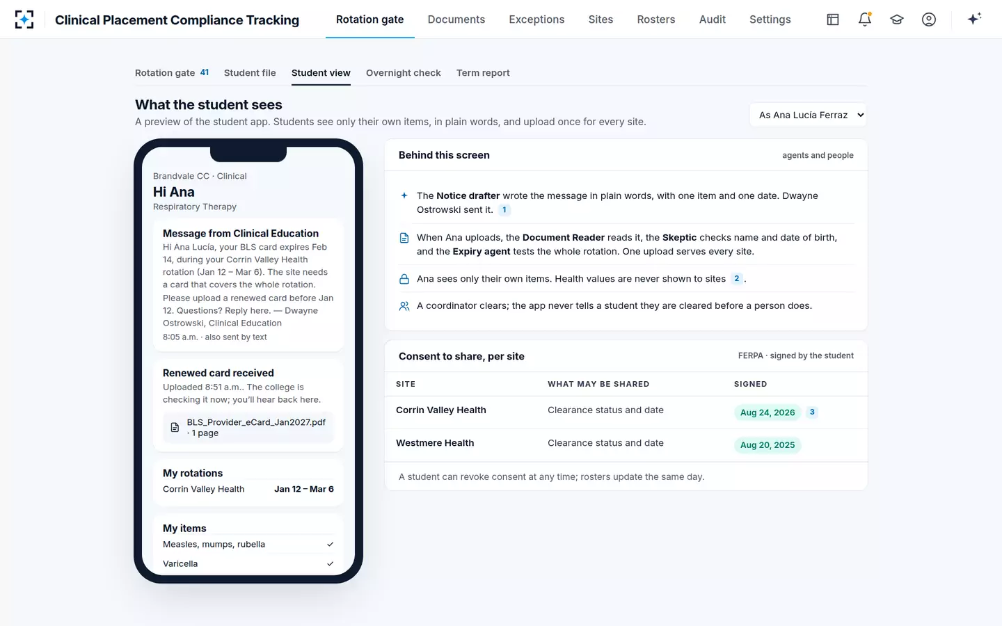 Clinical Placement Compliance Tracking — What the nursing or allied-health student sees: one item, one date, one upload