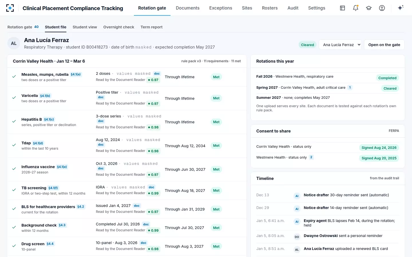 Clinical Placement Compliance Tracking — Student file: every requirement, its clause, its document and its dates