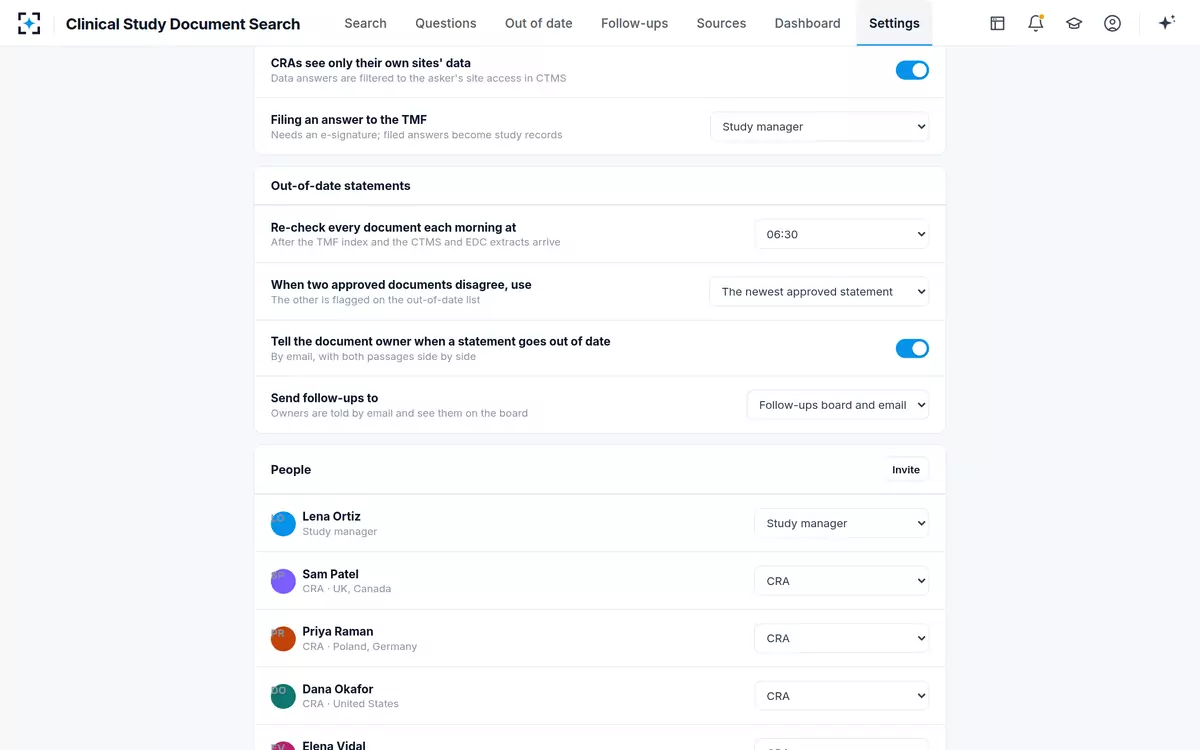 Clinical Study Document Search — Settings