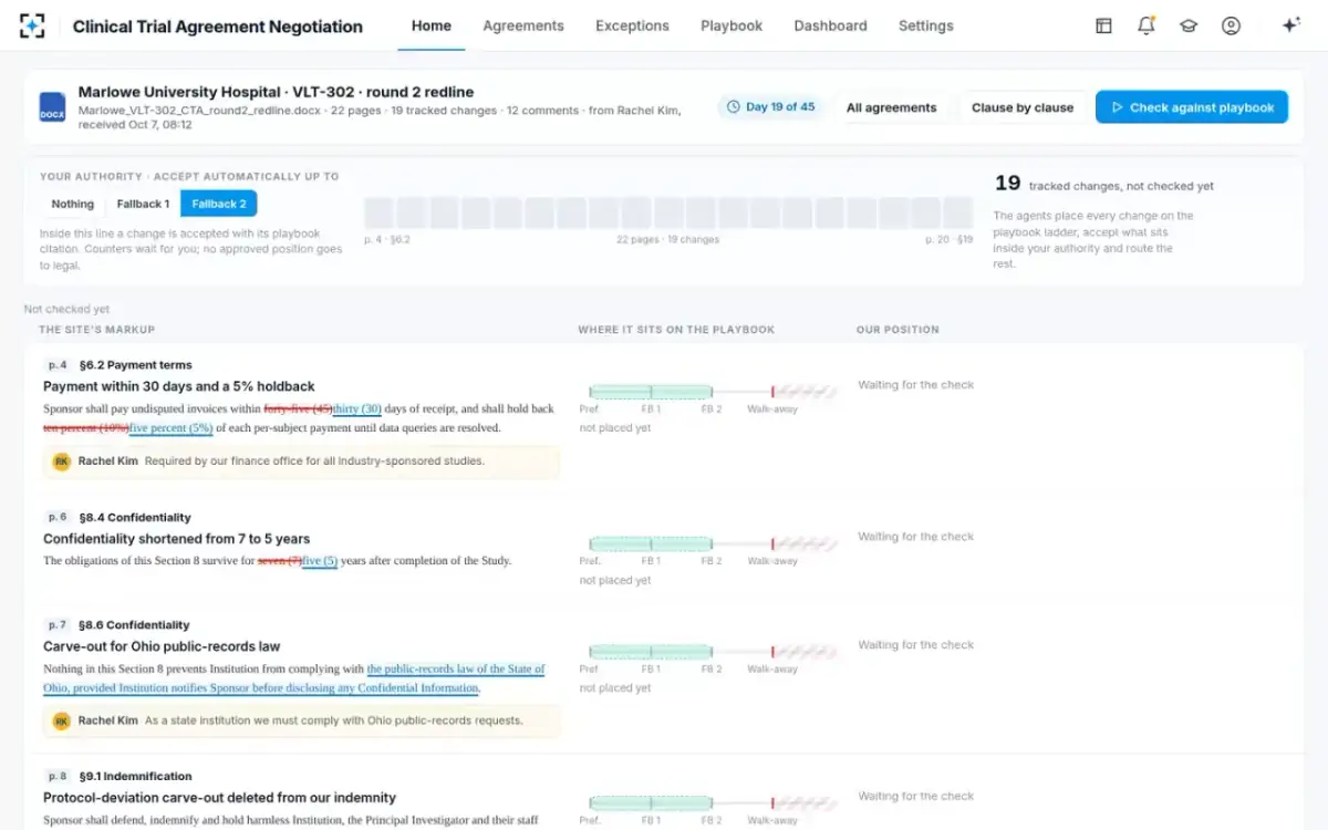 Clinical Trial Agreement Negotiation — Redline against playbook