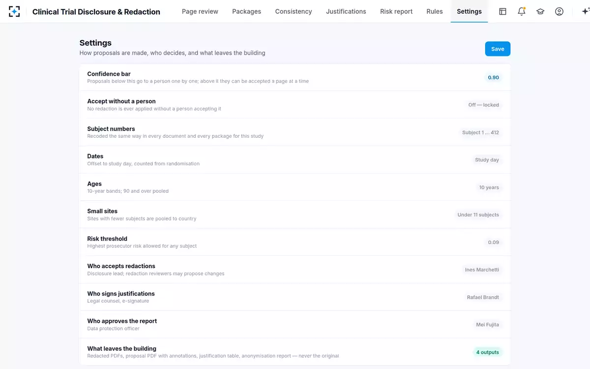 Clinical Trial Disclosure & Redaction — Settings