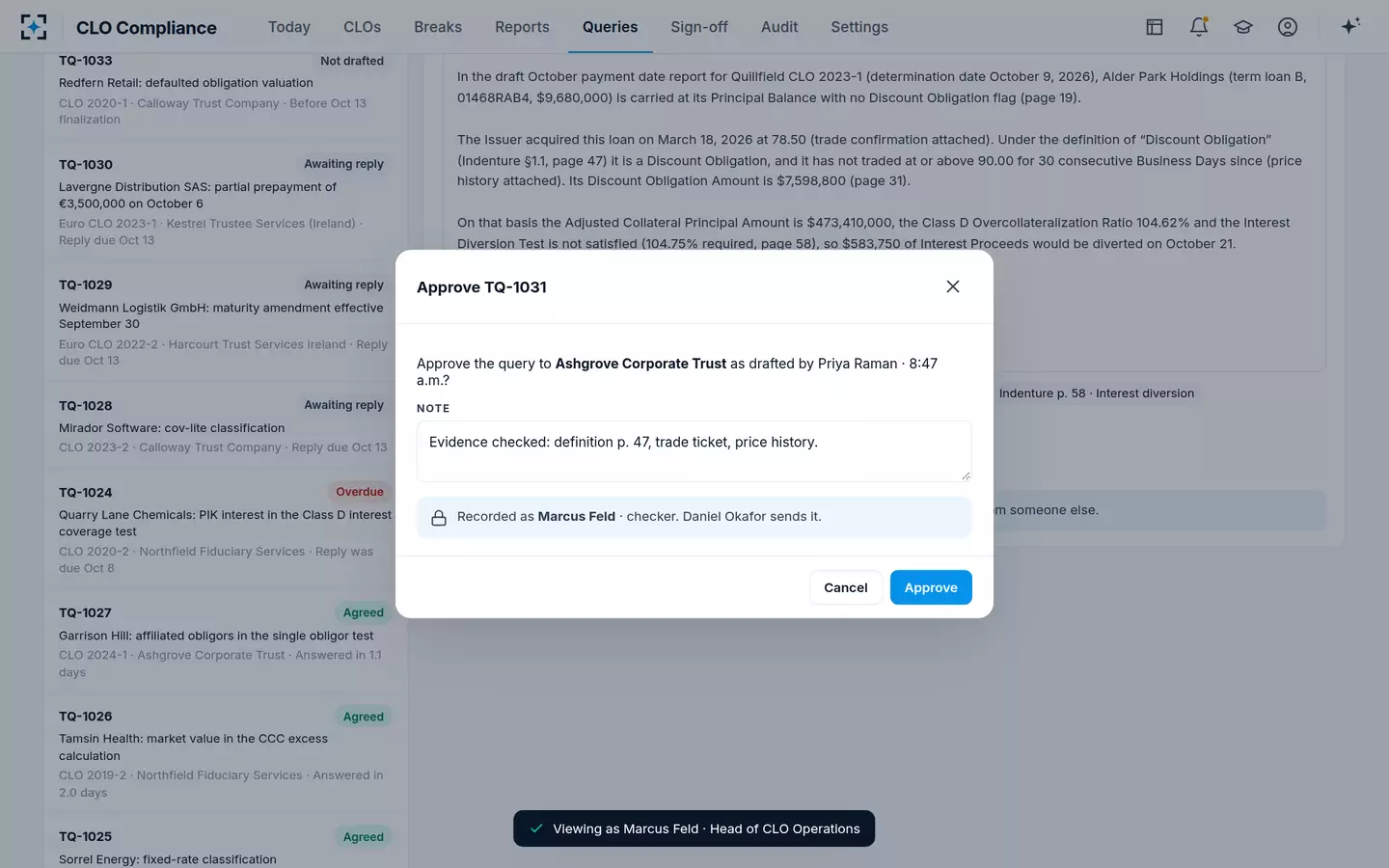 CLO Compliance — Trustee query approval