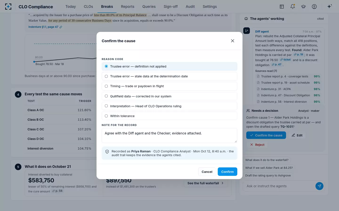 CLO Compliance — Confirm with a reason code