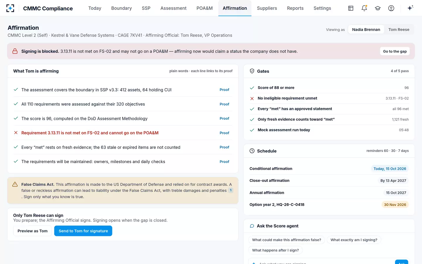 CMMC Compliance — Affirmation, blocked