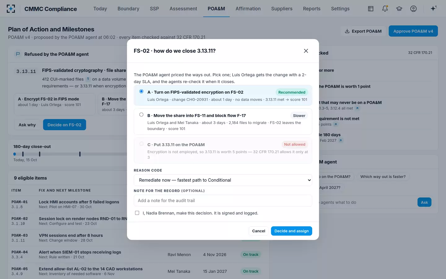 CMMC Compliance — Decide with a reason code